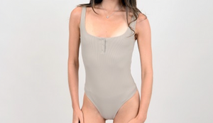 RD STYLE - Ribbed Scoop Neck Henley Bodysuit