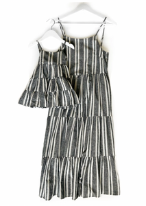 LITTLE BIPSY - Women's Linen Tiered Dress | Charcoal Stripe