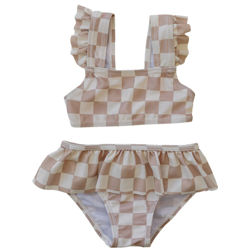 MEBIE BABY - Taupe Checkered Ruffle Bikini