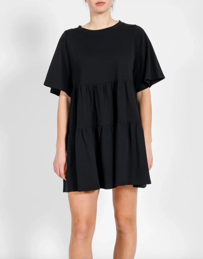 BRUNETTE THE LABEL - Tiered T-Shirt Dress w/ Bows | Black