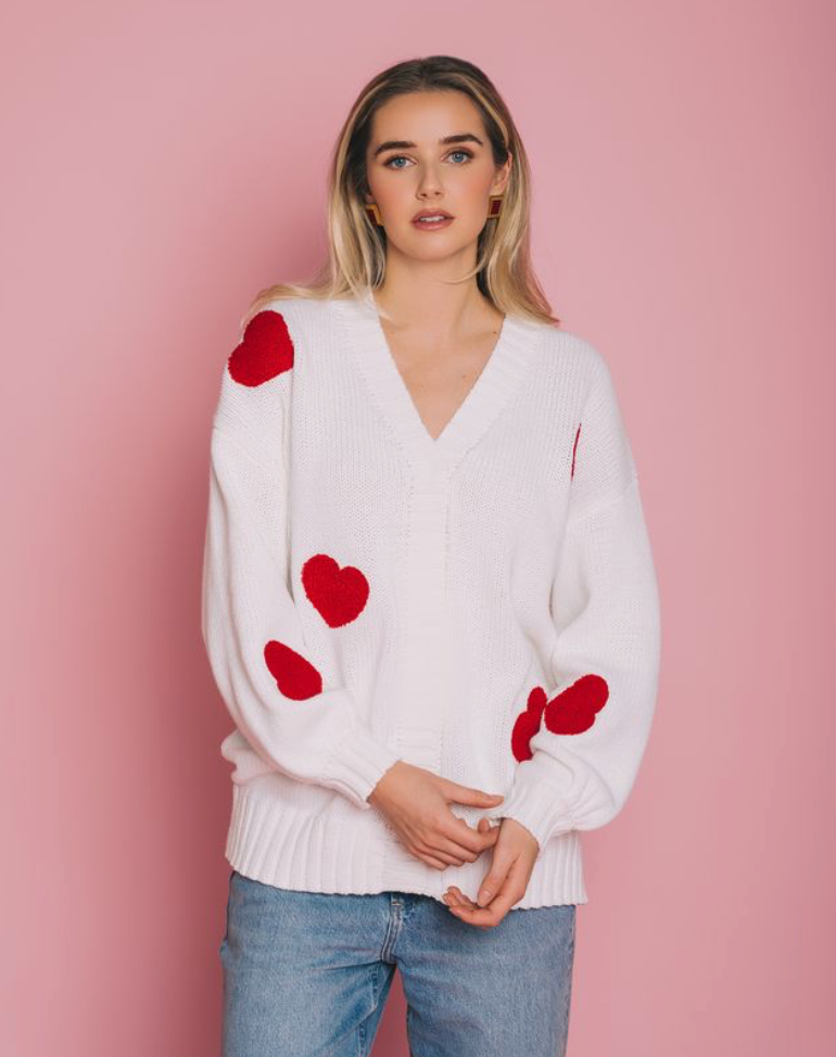 BRUNETTE THE LABEL - Heart Cardi | Cream w/ Red Hearts