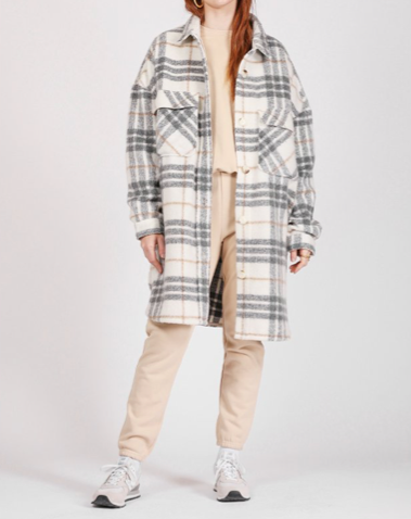 BRUNETTE THE LABEL - Plaid Shirt Jacket | Long Grey & Cream