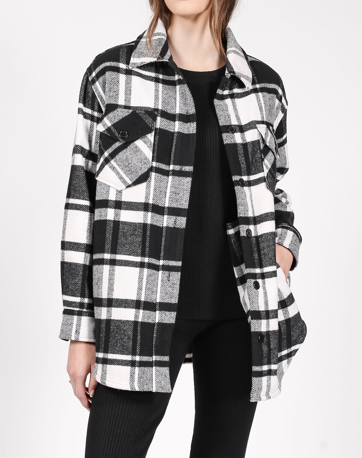 BRUNETTE THE LABEL - Plaid Shirt Jacket | Black & White